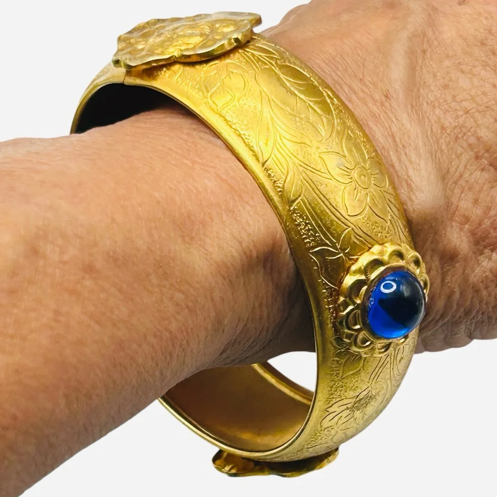 Fabulous Vintage Bangle Bracelet Jeweled Cabochons Art Nouveau Lady